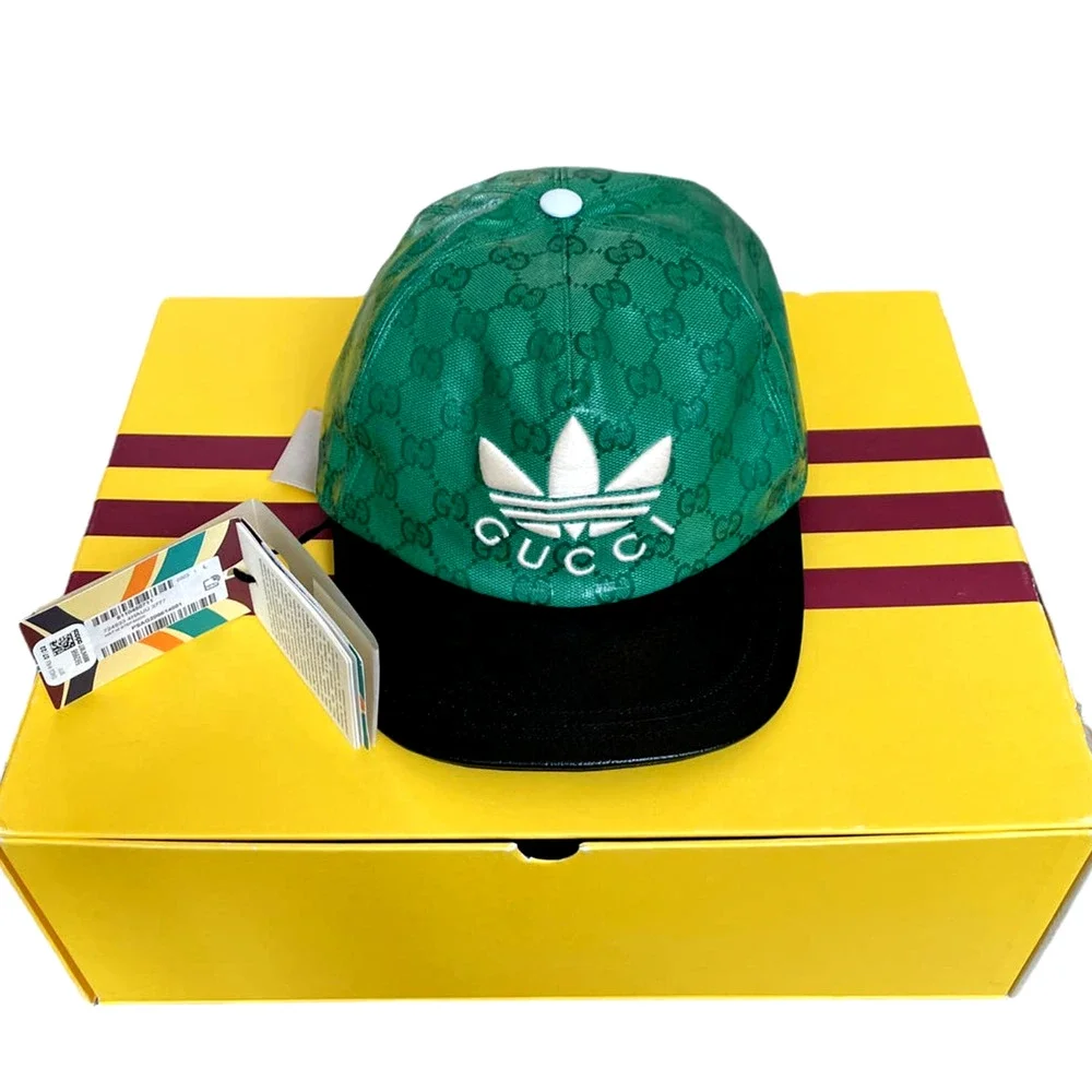 Gucci x Adidas GG Supreme Baseball Cap Hat Green Black Canvas Unisex Size M
